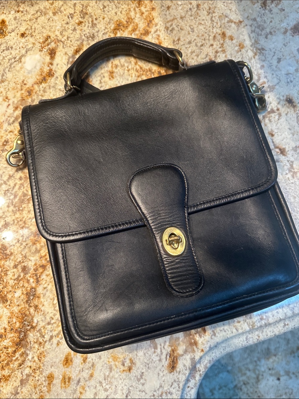 Coach Black Leather Shoulder Satchel with Gold-Tone Turnlock